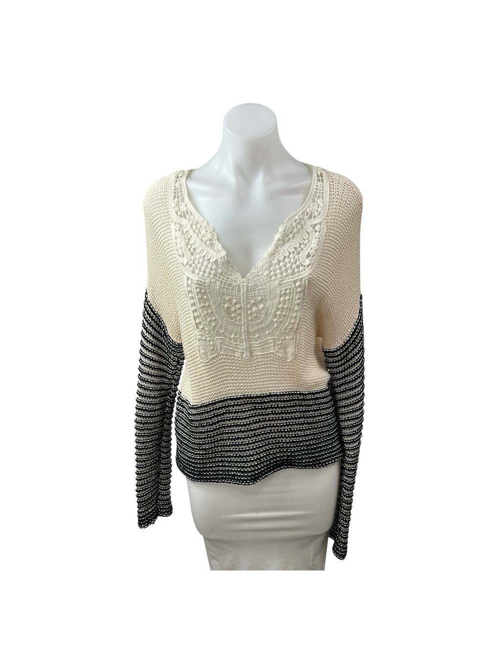 Sloane Rouge Women's Color Block Crochet V Neck Dolman Sleeve Boho Sweater Top S